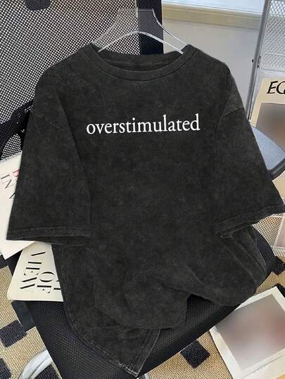 Plus Size Women's Vintage Style Short Sleeve T-Shirt With "Overexcited" Graphic Print, Washed And Distressed Finish. Casual Comfortable Versatile Crew Neck Top Suitable For Daily Wear, Commuting, Outings Or Summer Travel