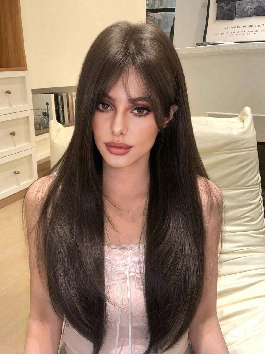 26-Inch Long Synthetic Wig Featuring A Natural Straight Style A Stunning Brown. Designed With Bangs , It Is Crafted From Heat-Resistant Fiber To Ensure Durability. This False Hairpiece Is Perfect For Daily Use, Offering A Natural And Realistic Appearance That Mimics Real Human Hair - Brown - View 1