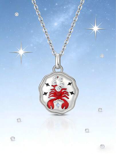 925 Sterling Silver Scorpio Zodiac Red Enamel Scorpion Pendant Necklace Crystal Star Accent Silver Tone Chain Dainty Celestial Jewelry For Women