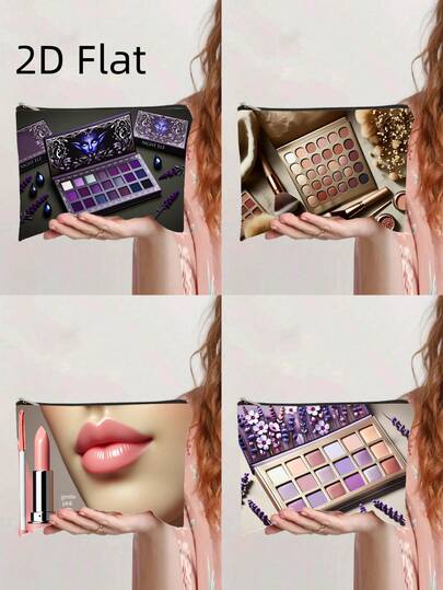 2D 印花设计，便携式化妆包，配有紫色暗夜精灵眼影盘，精致印花化妆品收纳包，适合旅行和日常使用，耐用拉链设计化妆包