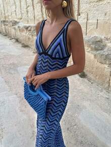 EAVA 女士性感修身镂空条纹紧身针织连衣裙，女士假日装扮，度假连衣裙，女士休闲连衣裙，蓝色连衣裙 - 彩色 - 查看 5