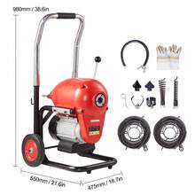 Drain Cleaner Machine 120FT X 6/5 Inch, 1100W Electric Sewer Snake Auger Manual Feed - With 6 Cutters And CW/CCW Control For 4" To 8" Pipes - Medium Sectional, 1100W, 6/5 Inch, 120 ft - 查看 10