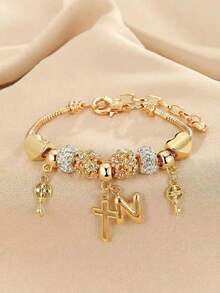 1pc 26 Letter, Heart, Cross, Flower Beaded Bracelet, Fashionable Youth Keychain, Cross Pendant Bracelet - Multicolor - View 53