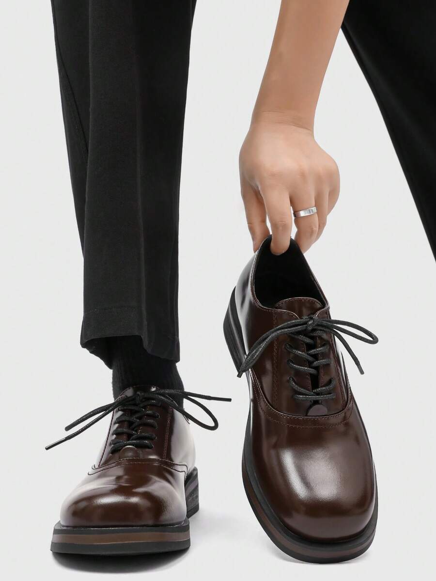 Men's Retro British Style Square Toe Derby Shoes, Lace-Up Formal Dress Shoes, Wedding Shoes, Office Shoes, Couple Loafers - Brown - View 1