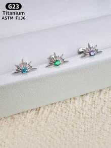 1PC ASTM F136 Titanium Internally Threaded Flat Back Earrings 5A Mini Round Cubic Zirconia Mini CZ Starburst Stud, G23 Titanium Tragus Cartilage Conch Helix Nose Labret Lip Piercing Jewelry For Sensitive Ears Women Men - 1Pc-titanium - View 3