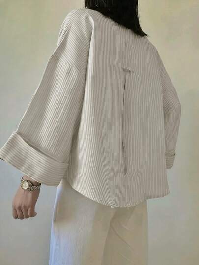 Women's Polyester Striped Drop Shoulder Long Sleeve Collared Shirt, Front Button Design, Regular Length, Non-Stretch Fabric Top Spring