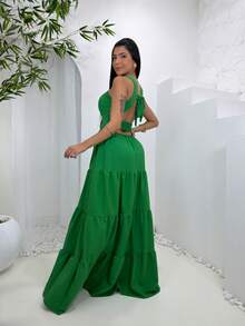 Women's Long Dress With Butterfly Knot - 純綠色 - View 2