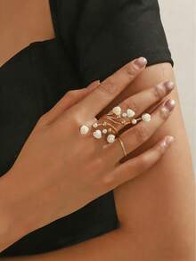 2pcs Fashionable Minimalist White Flower Open Ring, Suitable For Daily Wear - X1794 + Plain Ring - View 2