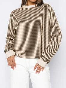 Vaiaye Spring/Summer Striped Contrast Color Round Neck Long Sleeve Top, Minimalist Loose Women T-Shirt, Suitable For Daily Wear And Commuting Casual - Apricot Coffee - View 3