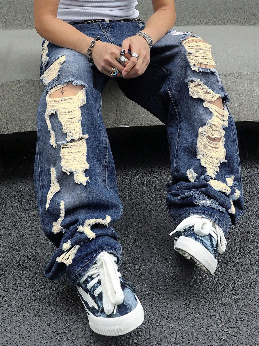 Mens Ripped Baggy Jeans Loose Fit Distressed Denim Pants Light Wash Y2K Streetwear Wide Leg Style - 深色水洗藍 - 查看 1