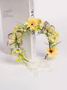 1 pieza Diadema exquisita y realista con flores de colza, corona de flores hecha a mano delicada, adecuada para novia, boda, fotografía, decoración romántica, verano, playa - 58917 - Ver 8