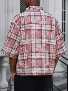 男士银色亮片粉色格子短袖纽扣衬衫，宽松街头风百搭夏季周末海滩度假情侣装，送给男友/儿子的礼物 - 紅色 - 查看 3