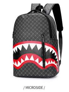 Women's Plaid Pattern Korean Style PU Waterproof Durable Large Capacity Casual Backpack With Laptop Compartment For School Travel - 黑色 - 查看 1