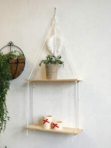 1pc Beige Leaf Pattern Hanging Wall Shelf Boho Aesthetic Decorative Floating Display Shelf Minimalist Nordic Style Rope Hanging Storage Rack Elegant Feather Detail Wall Organizer Plant Display Shelf Decorative Home Accent Suitable For Living Room Bedroom Bathroom Kitchen Balcony Apartment Dorm Wall Decoration Plant Holder Shelf Room Decor - Multicolor - View 8