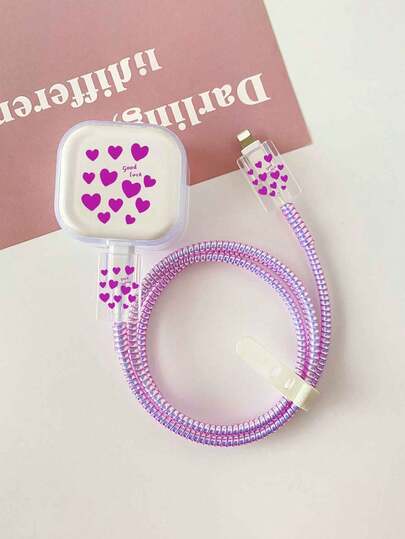 5pcs Purple Small Letter Heart TPU Soft Case Protector Set, Suitable For UK Plug Apple 20W Foldable Triple Plug Charger Head And Data Cable