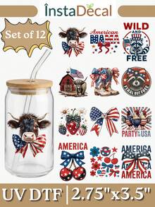 12pcs/Set 4th Of July Patriotic UV DTF Transfer Stickers (2.75x3.5 Inches), No Heat Needed, American Flag, Independence Day, Cute Bow, Raccoon, Highland Cow Patterns, Fun Red White Blue Waterproof Stickers For Cups, Laptops, DIY Gifts - USA 06 - View 1
