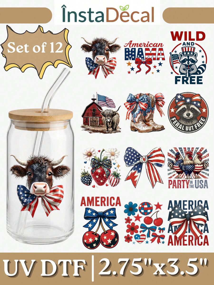 12pcs/Set 4th Of July Patriotic UV DTF Transfer Stickers (2.75x3.5 Inches), No Heat Needed, American Flag, Independence Day, Cute Bow, Raccoon, Highland Cow Patterns, Fun Red White Blue Waterproof Stickers For Cups, Laptops, DIY Gifts - USA 06 - View 1