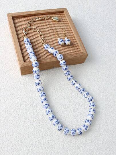 2 piezas Conjunto de joyas estilo cerámico retro, collar de cuentas de porcelana azul y blanca hecho a mano, aretes, pulsera, adecuado para uso diario y regalos de vacaciones