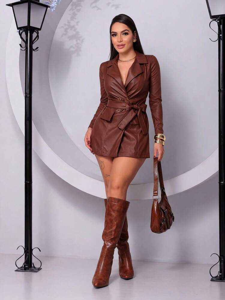 Macaquinho Couro Feminino Manga Longa Estilo Blazer com Cinto | Moda Feminina - Marrom - Visão 1