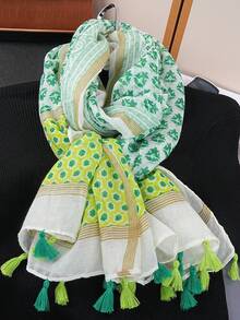 1条波西米亚简约印花围巾，时尚女士披肩，新款户外度假防晒沙滩巾，亚麻质感复古流苏围巾 - 彩色 - 查看 9