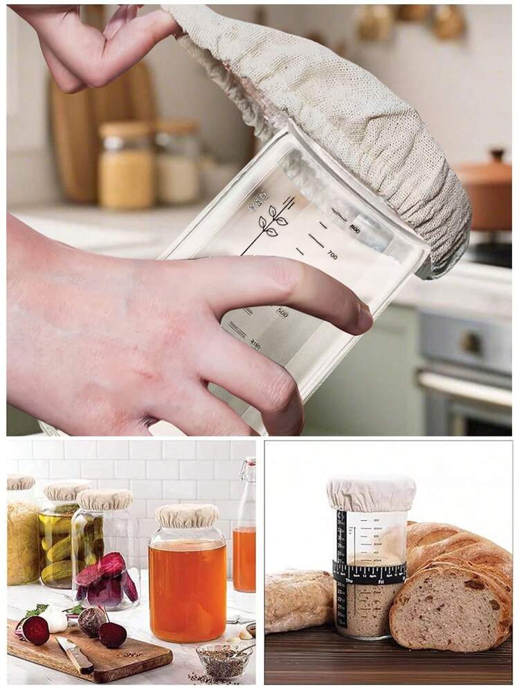 Bộ dụng cụ ủ bột chua gồm 4 nắp vải lanh tái sử dụng, nhiệt kế và dây đeo hẹn giờ, phù hợp với hũ thủy tinh Mason Jar đường kính 3-4 inch. - Xem 4