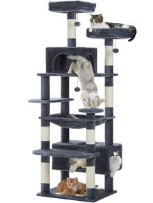 PAWZ Road 184 Cm Large Cat Tree, Cat Tower For Large Cats, Cat House With Sisal-Wrapped Scratching Posts And Padding, 2 Padded Resting Areas, Double House And Basket For Indoor Cats, Deep Grey - Màu xám đen - Xem 8