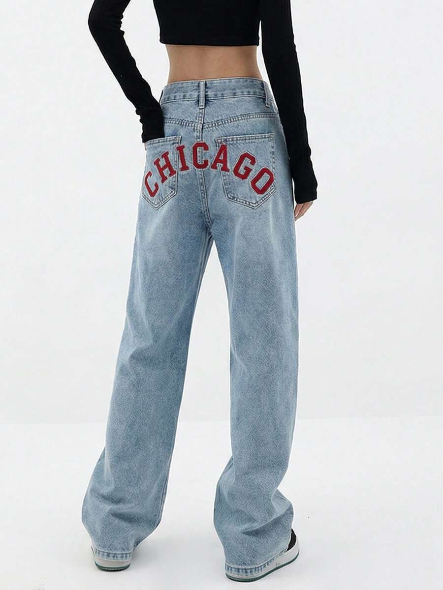 Chicago Letter Print Jeans Women's Baggy Boyfriend Jeans Wide Leg High Rise Dark Wash Vintage Jeans Y2K Street Denim Pants - Màu xanh lam - Xem 1