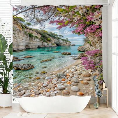 1 pieza Cortina de ducha impermeable con diseño de playa y montaña, de material de poliéster, sin sombra, adecuada para decoración del hogar y el baño, incluye 12 ganchos
