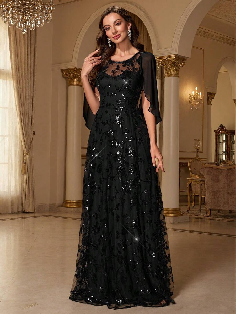 Đầm dạ hội dáng chữ A màu đen sang trọng, thanh lịch, chất lượng cao, đính sequin, thích hợp cho các buổi dạ tiệc, đám cưới, tiệc tùng, mẹ cô dâu và nhiều dịp khác. Mùa xuân này, đầm dạ hội lộng lẫy với sequin lấp lánh, phù hợp cho các sự kiện trang trọng như dạ tiệc, đám cưới, tiệc tùng, mẹ cô dâu và nhiều dịp khác. - màu đen - Xem 1