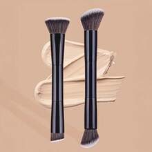 专业双头面部化妆刷，散粉腮红刷，化妆工具，柔软纤维，便于携带，旅行刷 - 黑色 - 查看 2
