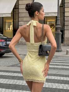Women's Elegant Pale Yellow Lace Halter Ruched Waist Mini Dress, Chic Sexy Party Dress, Glamorous City Outfit - Yellow - View 2
