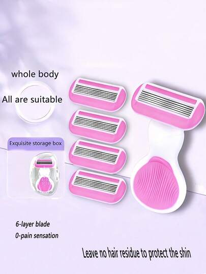 1 Set Mini 6-Layer Manual Shaver For Women, Facial Razor, Replacement Blades, Non-Slip Handle, Suitable For Full Body Hair Removal, Great For Travel And Home Use