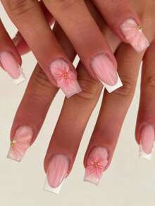 24 piezas Pegatinas de uñas de gel 3D con flores largas y cuadradas, decoración de perlas para manicura francesa, set de uñas postizas acrílicas con 1 pieza de gel de gelatina y 1 pieza de lima de uñas, fácil de usar, adecuado para el trabajo diario, fiestas y otras ocasiones en verano - Multicolor - Ver 8