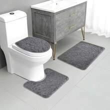3 unids/set Color sólido baño Simple absorbente de agua y alfombrilla antideslizante patrón de piedra, cómodo y suave, juego de tres piezas - Azul marino - Ver 7