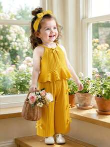 Conjunto de 2 piezas para niñas bebé con top de tirantes finos de unicolor con volantes y lazo, y pantalones rectos, adecuado para salidas diarias en primavera/verano - Amarillo - Ver 4