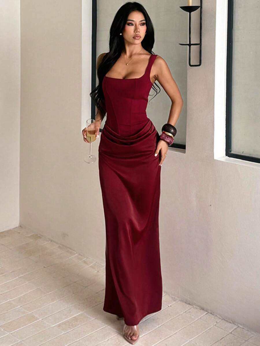 纯色优雅性感派对针织面料褶皱荷叶边露背连衣裙，适合正式晚宴、度假、海滩、春夏等场合。 - 酒紅色 - 查看 1