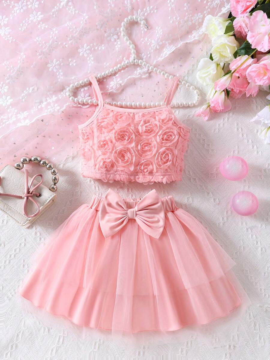 Girls' Rose Floral Strap Top And Mesh Cupcake Skirt Set, Cute Summer Outfit - Pink - View 1