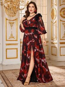 SUPGIR Plus Women's [Random Cut] V-Neck Bubble Sleeve Narrow Waist High Slit All Over Print Chiffon Formal Evening Dress - Red - View 3
