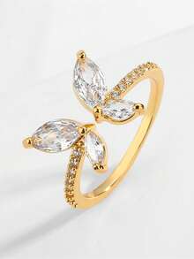Bông tai hình hoa đính đá Cubic Zirconia thanh lịch - Nhẫn hình bướm đính đá Cubic Zirconia có thể điều chỉnh kích thước thời trang - Nhẫn hở hình hoa đôi sang trọng duyên dáng. - Vàng - Xem 12