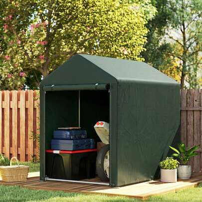  Outsunny Carpa de Jardín Exterior para Herramientas Bicicletas 1,2x1,8x1,65 m, Cobertizo Exterior con 2 Habitaciones, Puerta Enrollable con Cremallera, Impermeable Anti-UV, Garaje Portátil, Verde