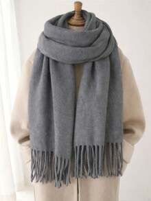 Unisex Black Scarf With Fringe 175*60cm Elegant Comfortable English Style For Winter - Gris - Ver 1
