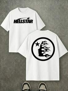 Men's Y2K Streetwear Graphic T-Shirt, Flame Head Silhouette & Star Inspired Bold Text & Circular Print Short Sleeve Tee, Crew Neck Casual Top With Star Accent Detail, Daily Casual Wear, Streetwear & Graphic Tee Enthusiast Outfit, Ideal Gift For Retro Street Style Fans - 白色 - 查看 1