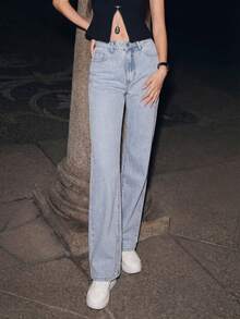 Quần jeans nữ ống rộng rách rưới phong cách Y2K, kiểu dáng thường ngày, màu denim sáng. - Màu xanh lam - Xem 6