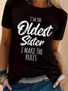 Women's Black 'Oldest Sister Rules' Casual Crew Neck Short Sleeve T-Shirt Knitted Top With Slight Stretch, Regular Length - 黑色 - 查看 1