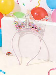 1pc Girls' Crown Birthday Headband, Suitable For 1-5 Years Old, Decorated With Sequins, Pearls And Rhinestones, Sweet Princess Style Hair Accessory, Birthday Party Gift For Girls - Multicolor - View 5