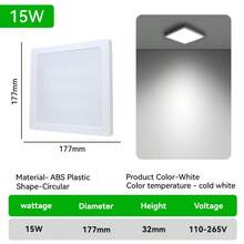 CANMEIJIA 1pc LED Panel Light, LED Ceiling Light, Square/Round, 6500K White Light, AC85-265V, 10W/15W/20W/30W, Square Ceiling Light, Round Ceiling Light - Surface Mounted Panel Light - View 12