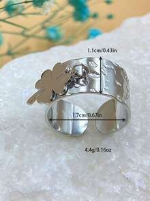 1pc Stainless Steel Four-Leaf Clover Adjustable Open Ring, Fashionable Personalized Couple Ring - Silver - View 2