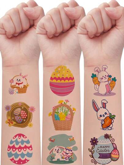 20Pcs Easter-Themed Temporary Tattoo Stickers Featuring Cartoon Bunnies And Easter Egg Designs. Perfect As Festive Gifts Or Decorations, These Waterproof Stickers Last 2-5 Days