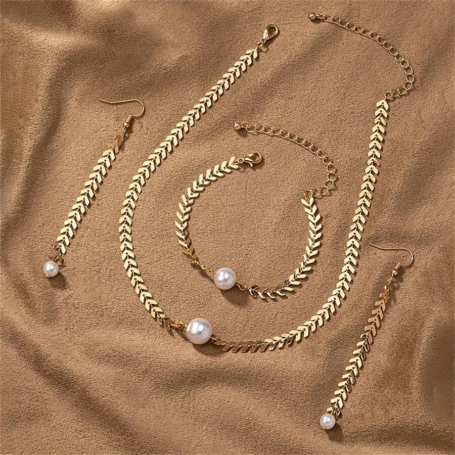 1 Set Women's Geometric Luxury Design Wheat Ear Pearl Necklace & Bracelet Jewelry Set - Multicolor - View 1
