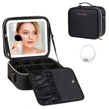 Makeup Bag With 3 Color Led Mirror, PU Leather Travel Cosmetic Bag Makeup Organizer Bag, Portable Makeup Case Adjustable Dividers Storage Box, Gift - Multicolor - View 11